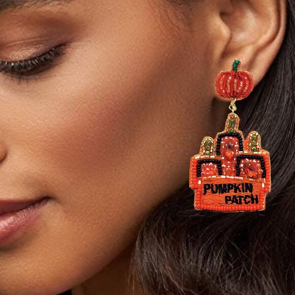 Pumpkin Patch Fall Autumn Theme Halloween Seed Beaded Earrings - Picture 3 of 6